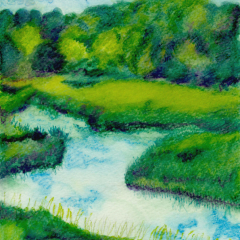 River and Trees at Rumsiskes Ethnographic Museum, Lithuania - Watercolor- crayon sketch by Marilyn Fenn