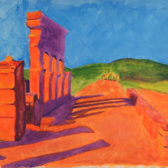 Roman Ruins in Volubilis, Morocco - Acrylic sketch by Marilyn Fenn