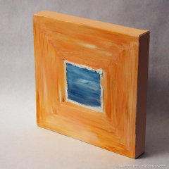 Blue Square on Orange - small abstract geometric oil painting by Marilyn Fenn