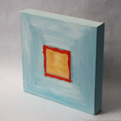 Yellow and Orange Square on Blue - small abstract geometric oil painting by Marilyn Fenn