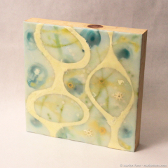 Jetsons' Holiday - small abstract mixed media with encaustic painting by Marilyn Fenn