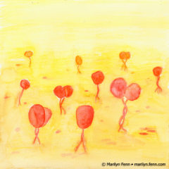 A Gathering of Small Red Heads - Watercolor painting on paper by Marilyn Fenn